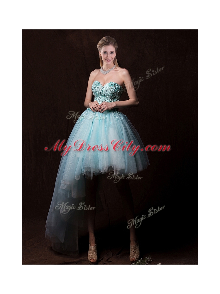 Low Price Appliques Light Blue Wedding Dresses with Asymmetrical