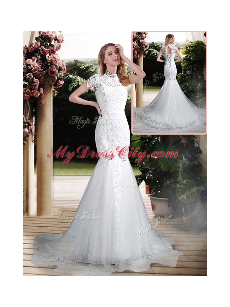 Luxurious Mermaid High Neck Beading Wedding Dresses with Brush Train