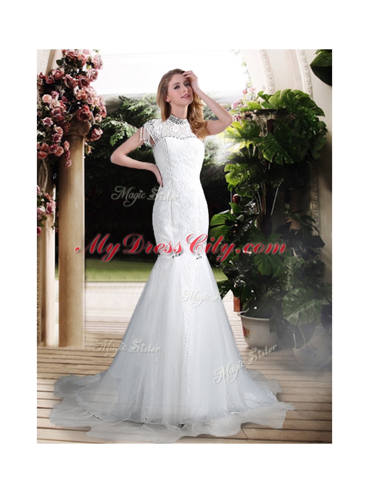 Luxurious Mermaid High Neck Beading Wedding Dresses with Brush Train