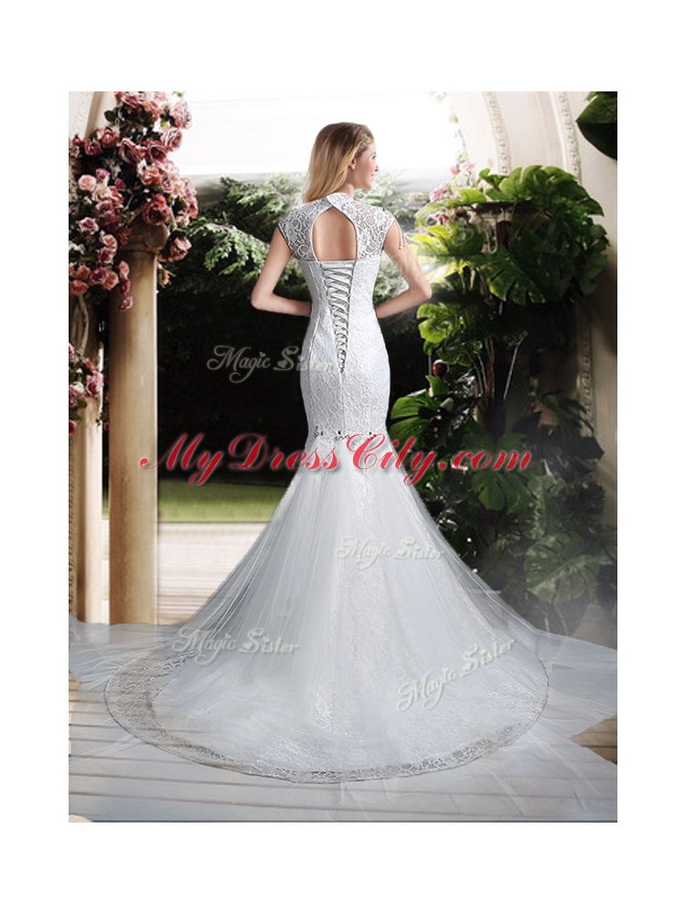 Luxurious Mermaid High Neck Beading Wedding Dresses with Brush Train