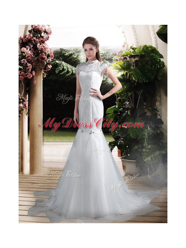 Luxurious Mermaid High Neck Beading Wedding Dresses with Brush Train