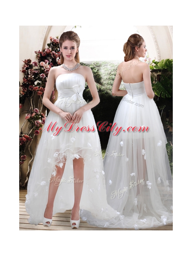 Modern Strapless Appliques and Belt Zipper Up Wedding Dresses with High Low