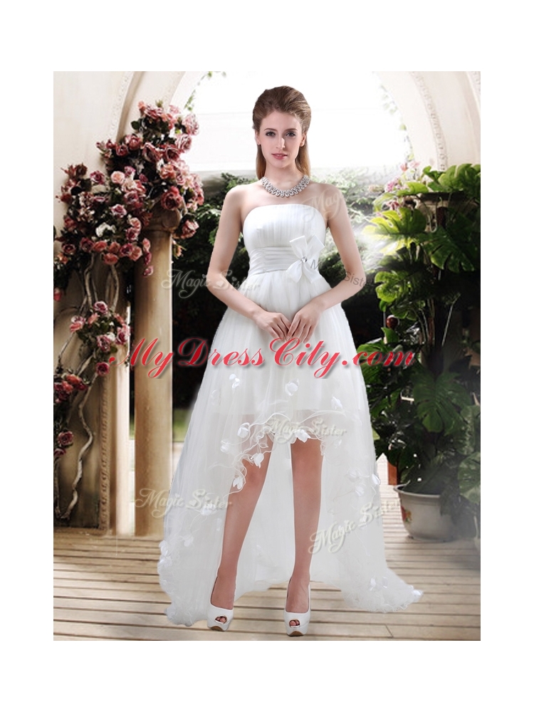 Modern Strapless Appliques and Belt Zipper Up Wedding Dresses with High Low