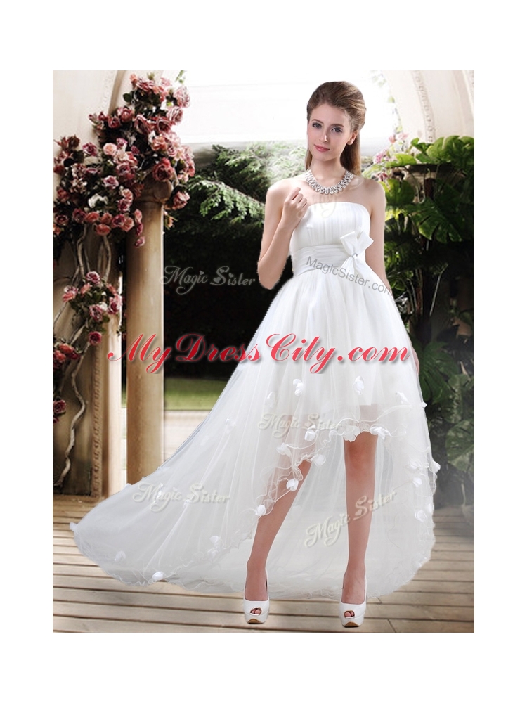 Modern Strapless Appliques and Belt Zipper Up Wedding Dresses with High Low