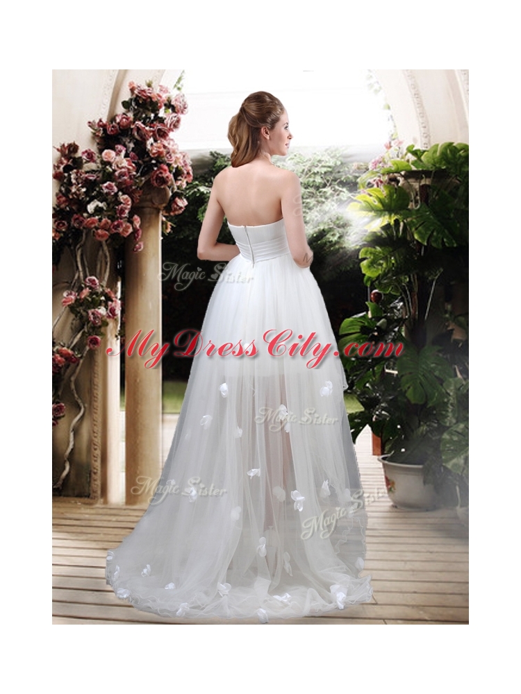 Modern Strapless Appliques and Belt Zipper Up Wedding Dresses with High Low