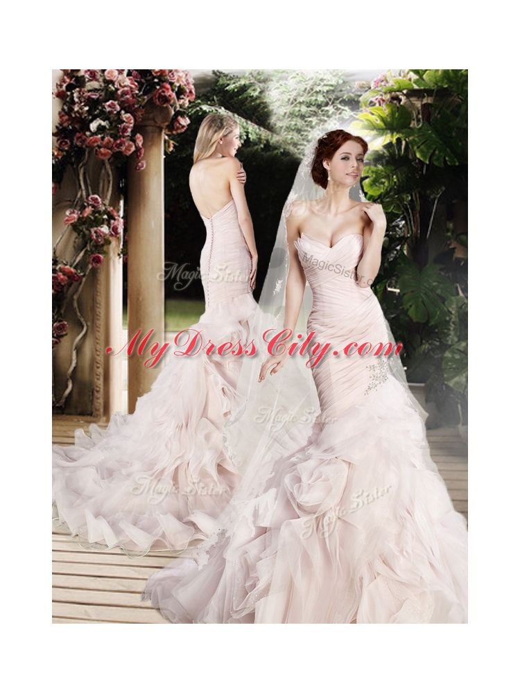 Modest Mermaid Beading and Ruffles Wedding Dresses with Brush Train