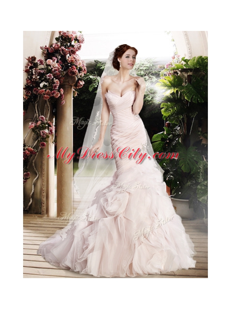 Modest Mermaid Beading and Ruffles Wedding Dresses with Brush Train