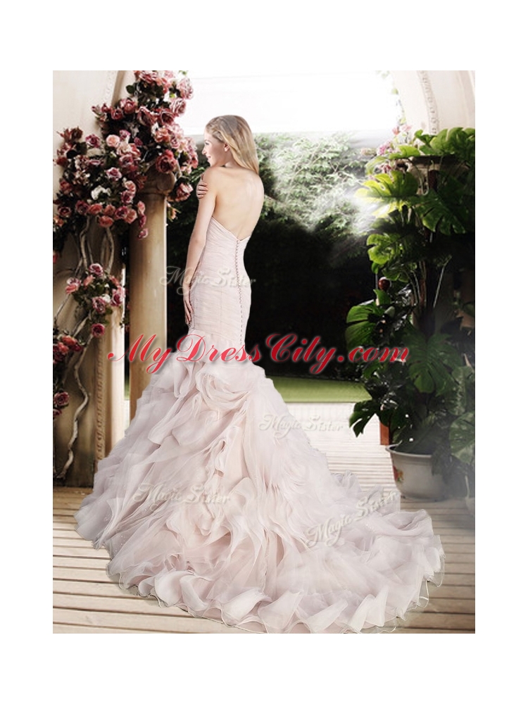 Modest Mermaid Beading and Ruffles Wedding Dresses with Brush Train