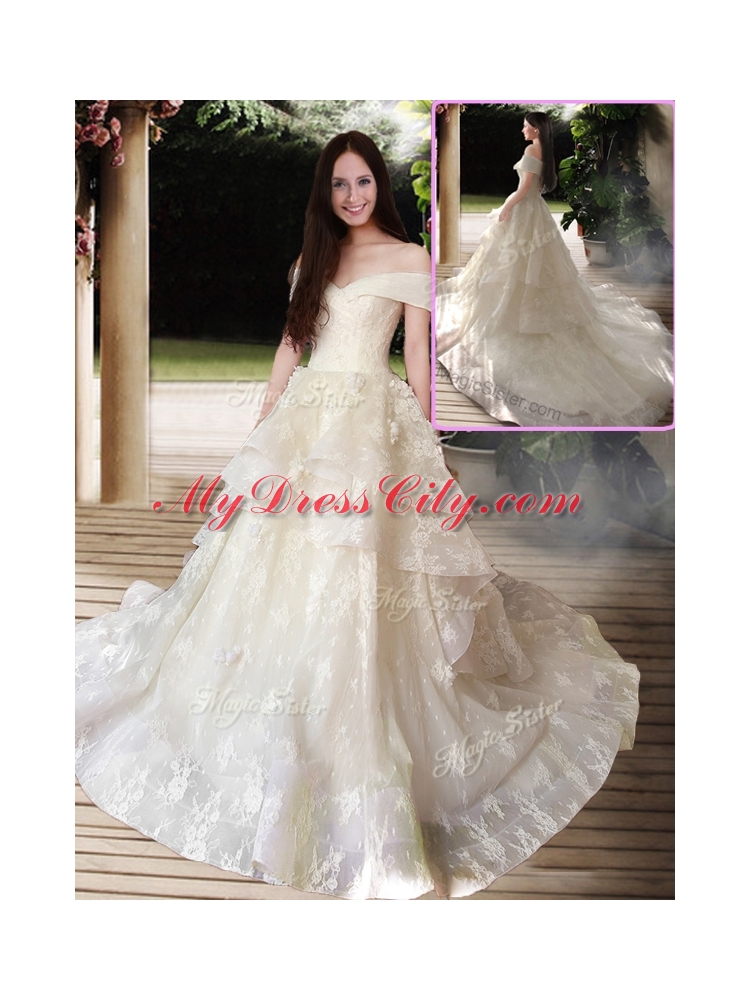 New Style A Line Court Train Wedding Dresses with Off the Shoulder