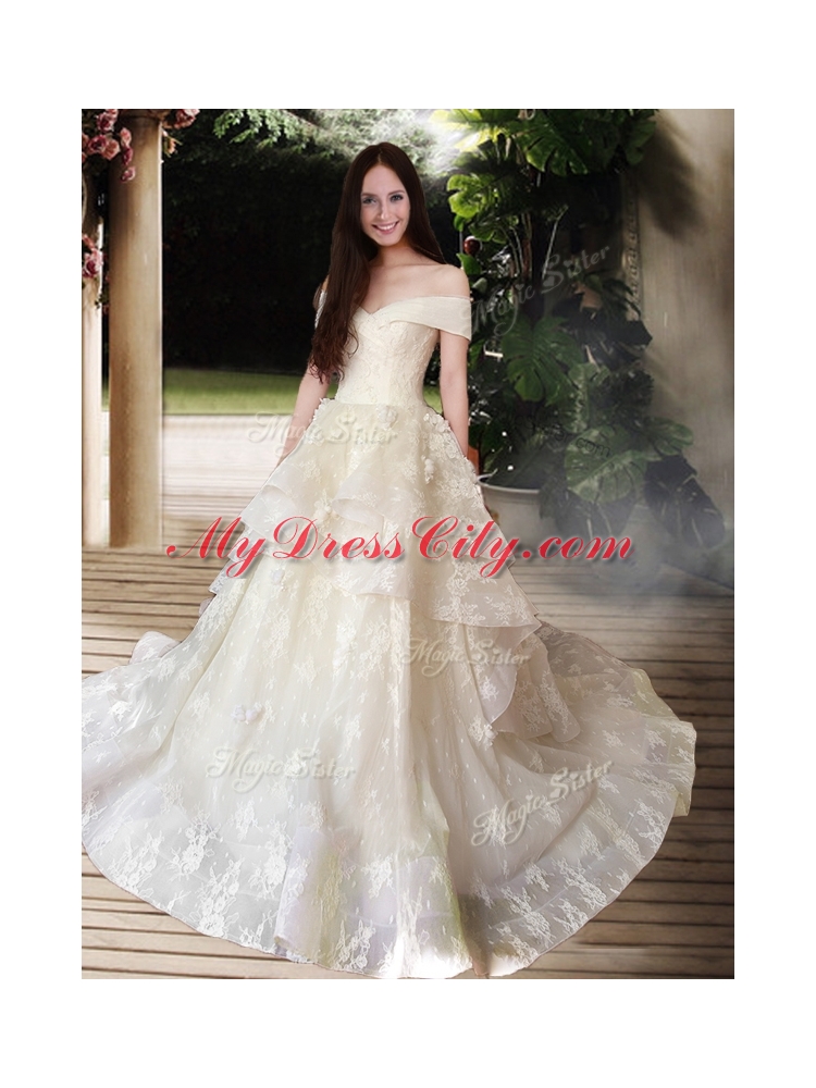 New Style A Line Court Train Wedding Dresses with Off the Shoulder