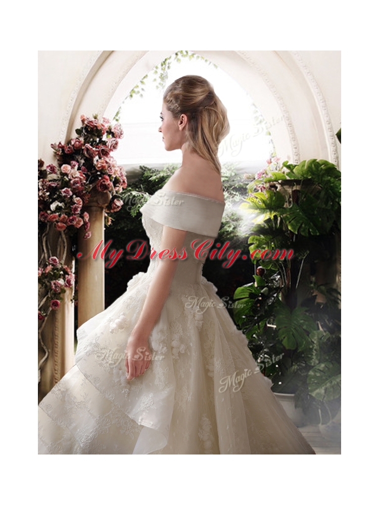 New Style A Line Court Train Wedding Dresses with Off the Shoulder