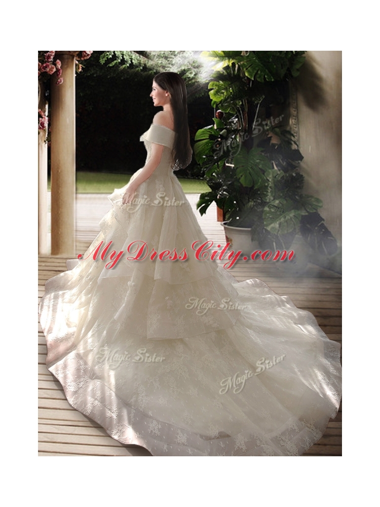 New Style A Line Court Train Wedding Dresses with Off the Shoulder