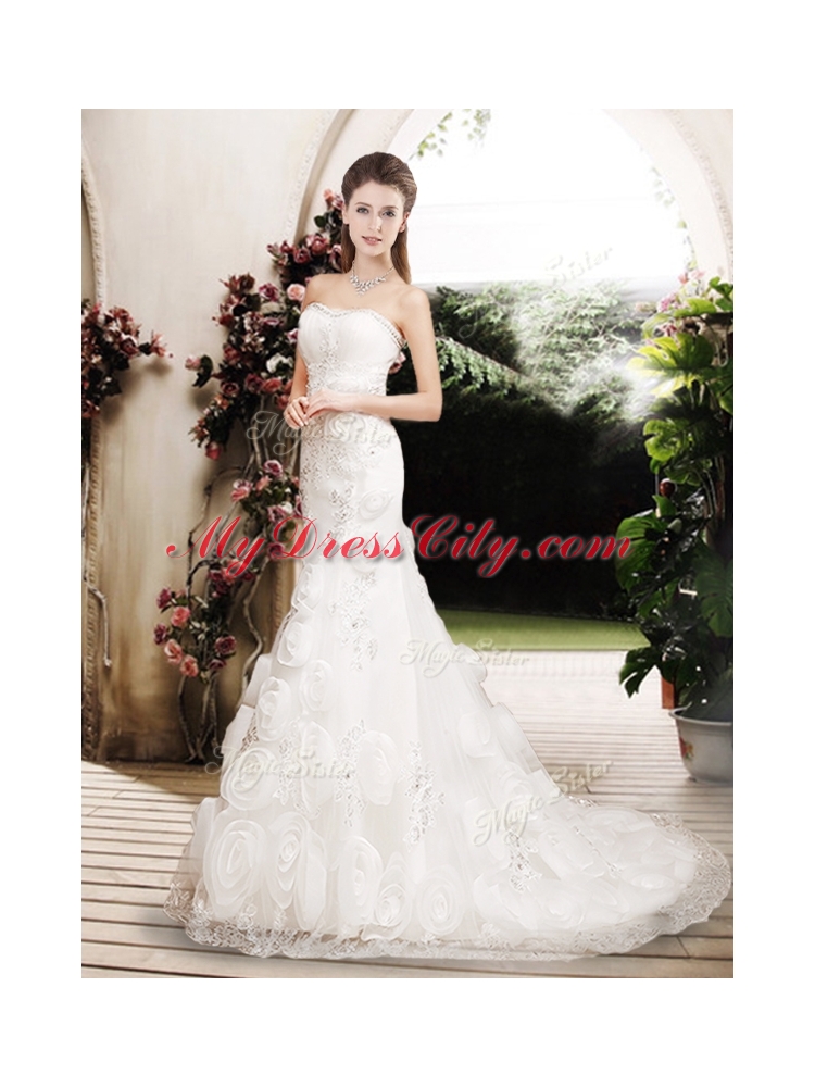 Perfect Column Beading Wedding Dresses with Brush Train