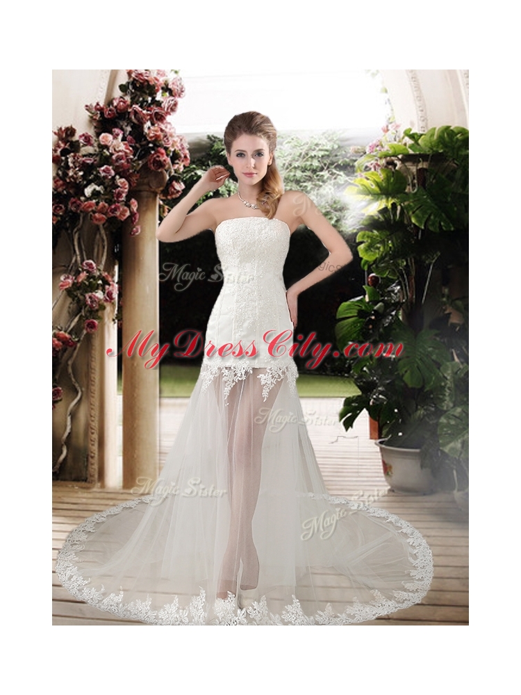 Popular See Through Empire Strapless Appliques Wedding Dresses with Court Train