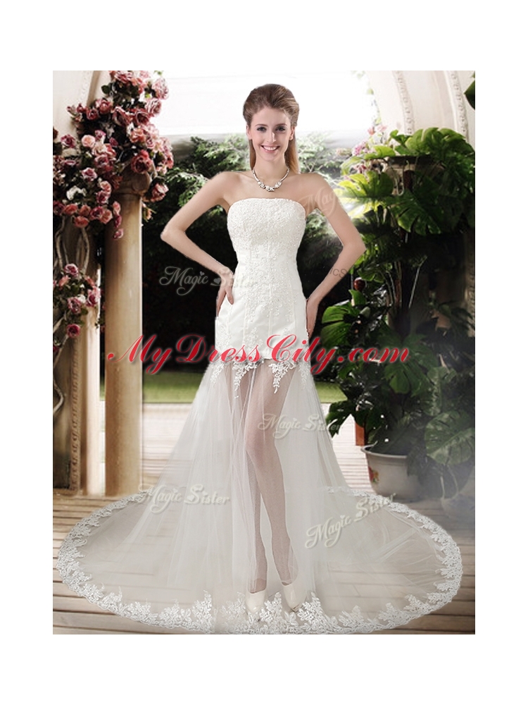 Popular See Through Empire Strapless Appliques Wedding Dresses with Court Train