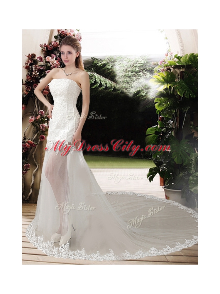 Popular See Through Empire Strapless Appliques Wedding Dresses with Court Train