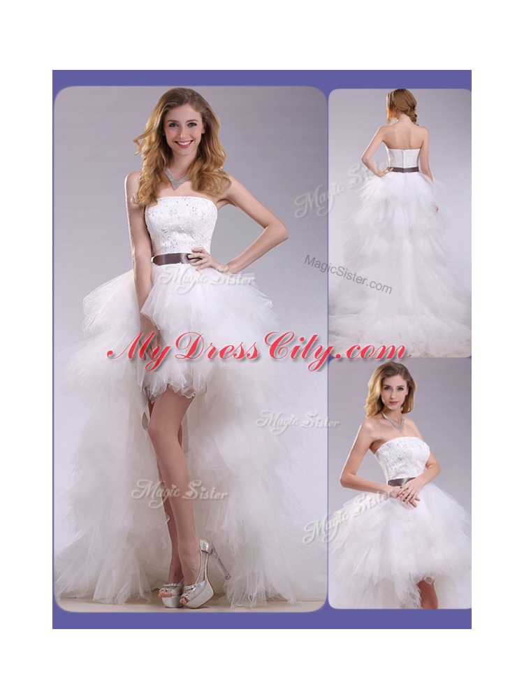 Romantic High Low Ruffles and Belt Wedding Dresses with Zipper Up