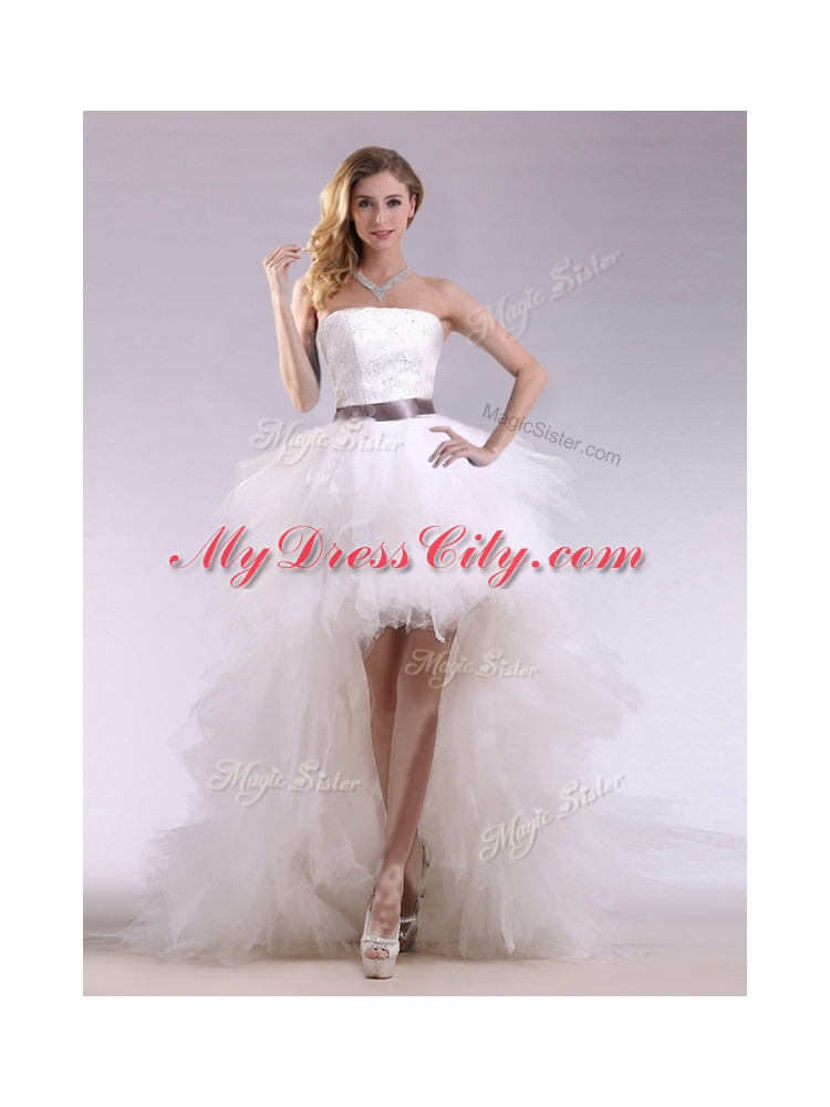 Romantic High Low Ruffles and Belt Wedding Dresses with Zipper Up