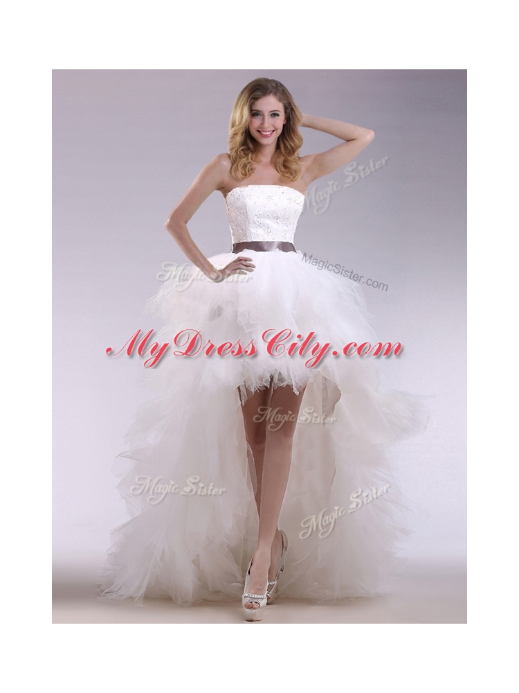 Romantic High Low Ruffles and Belt Wedding Dresses with Zipper Up