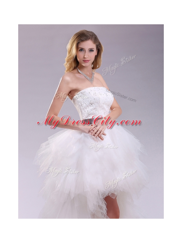 Romantic High Low Ruffles and Belt Wedding Dresses with Zipper Up