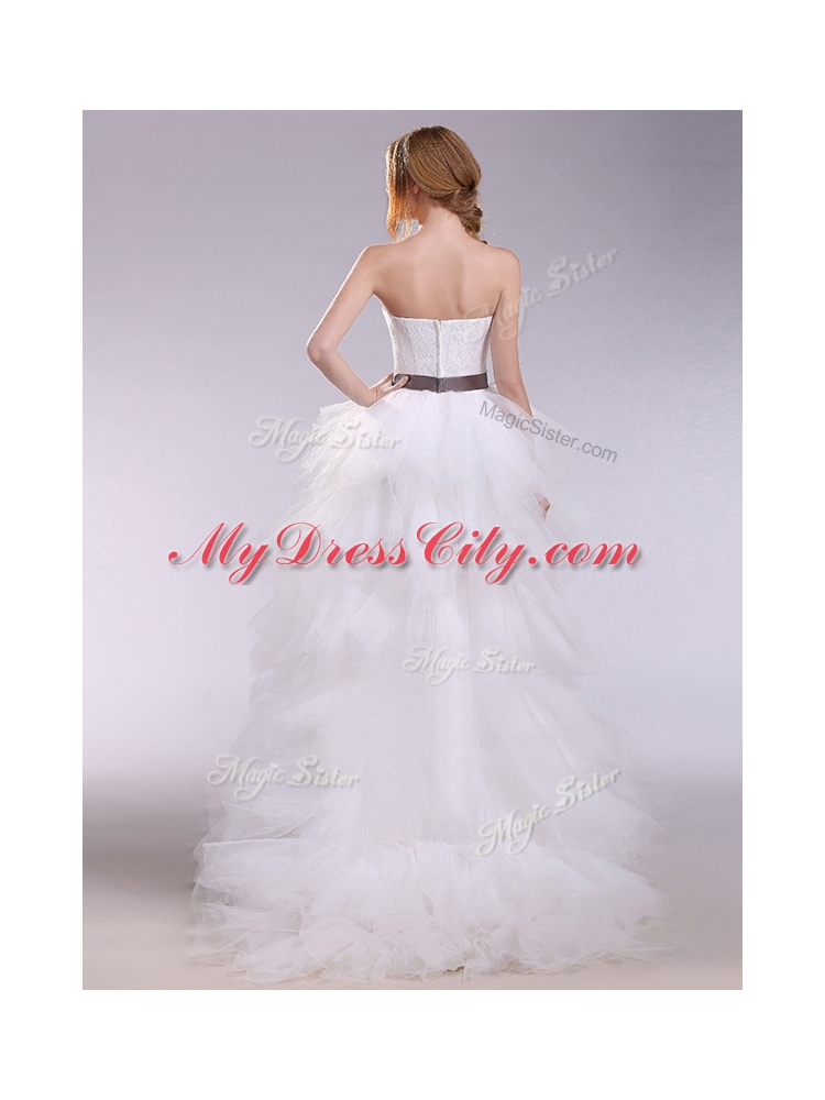 Romantic High Low Ruffles and Belt Wedding Dresses with Zipper Up