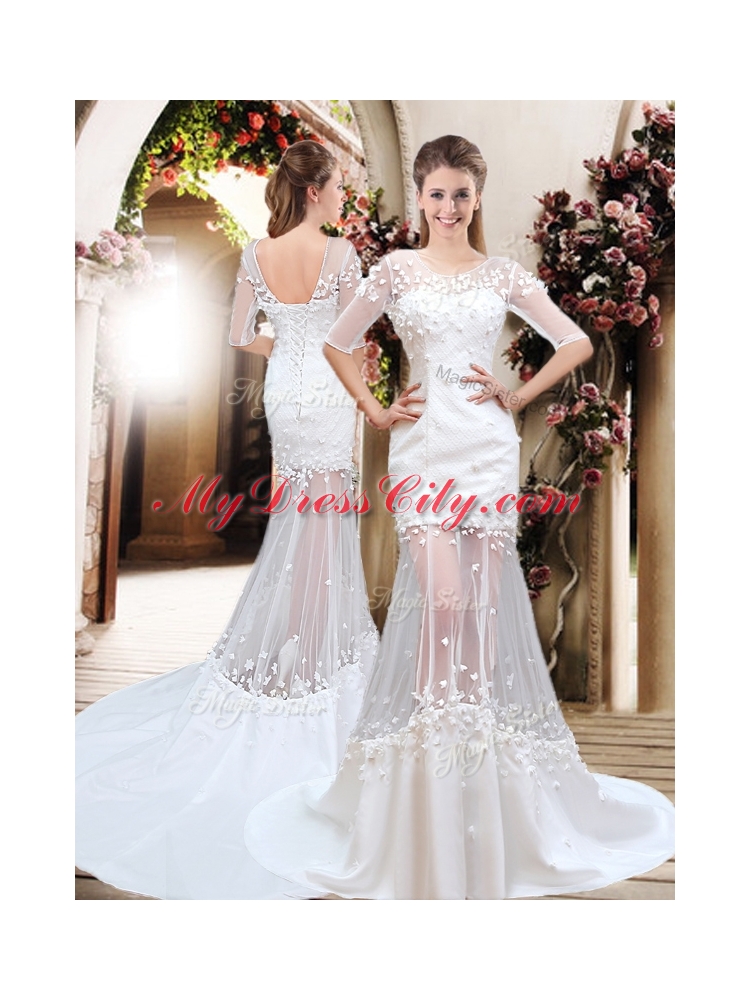 Exquisite Column Scoop Brush Train Appliques Wedding Dresses with Half Sleeves