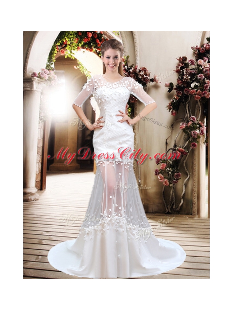 Exquisite Column Scoop Brush Train Appliques Wedding Dresses with Half Sleeves