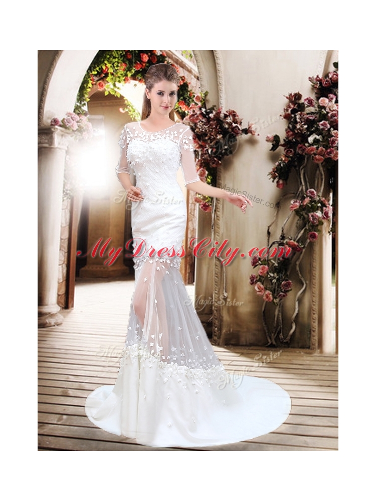 Exquisite Column Scoop Brush Train Appliques Wedding Dresses with Half Sleeves