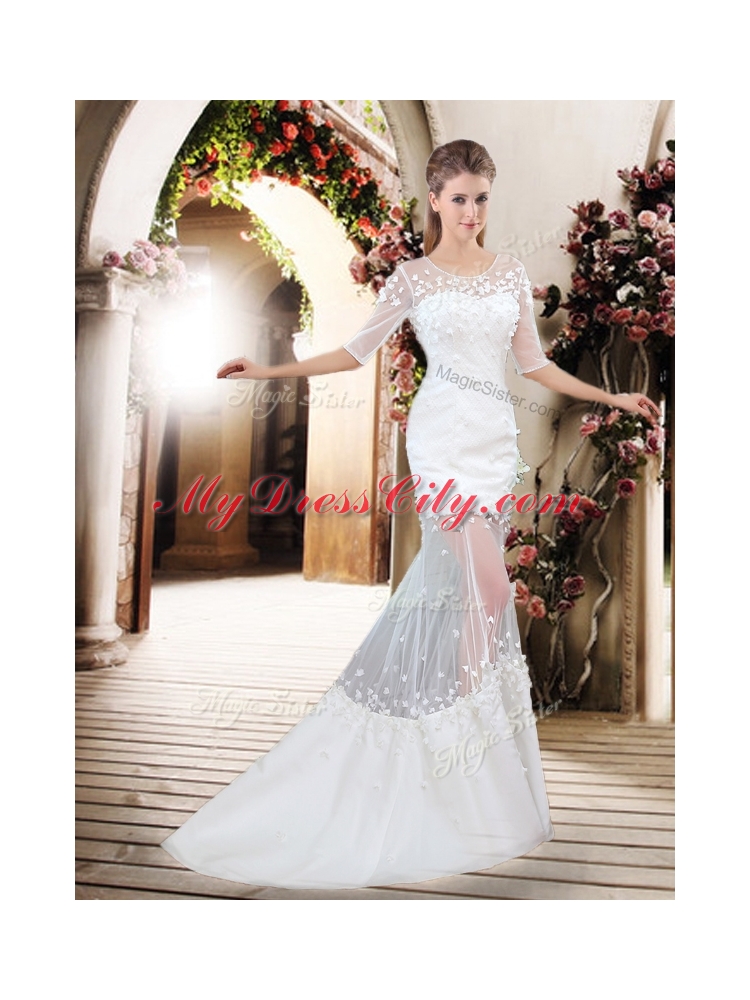 Exquisite Column Scoop Brush Train Appliques Wedding Dresses with Half Sleeves