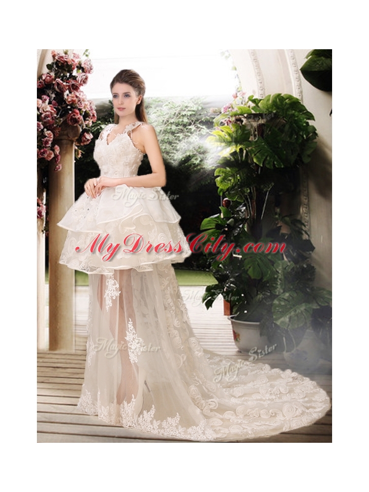 Latest Appliques Straps Wedding Dresses with Brush Train