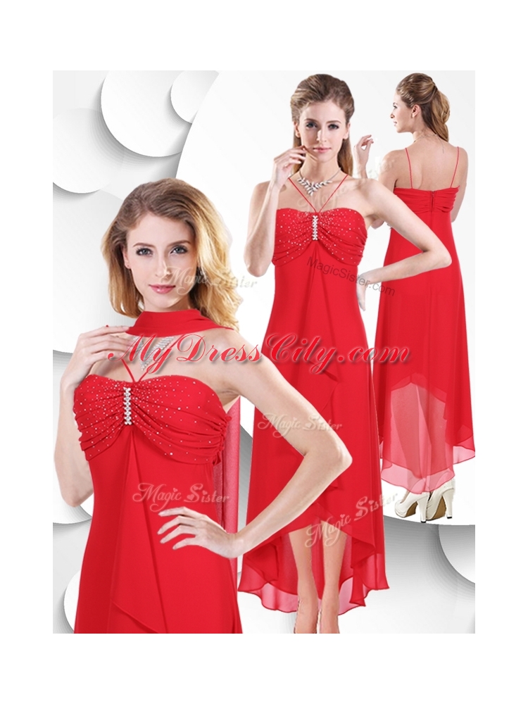 Best Spaghetti Straps High Low Red Prom Dress with Beading