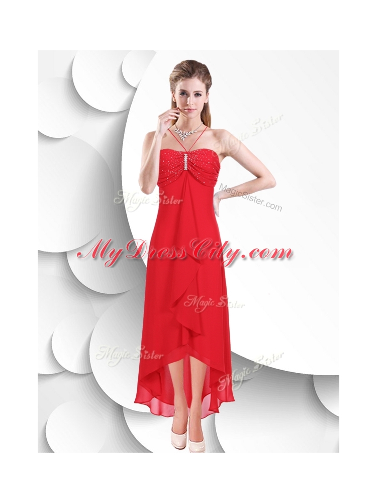 Best Spaghetti Straps High Low Red Prom Dress with Beading