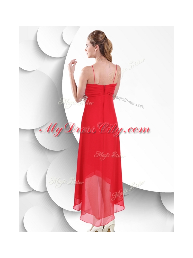 Best Spaghetti Straps High Low Red Prom Dress with Beading