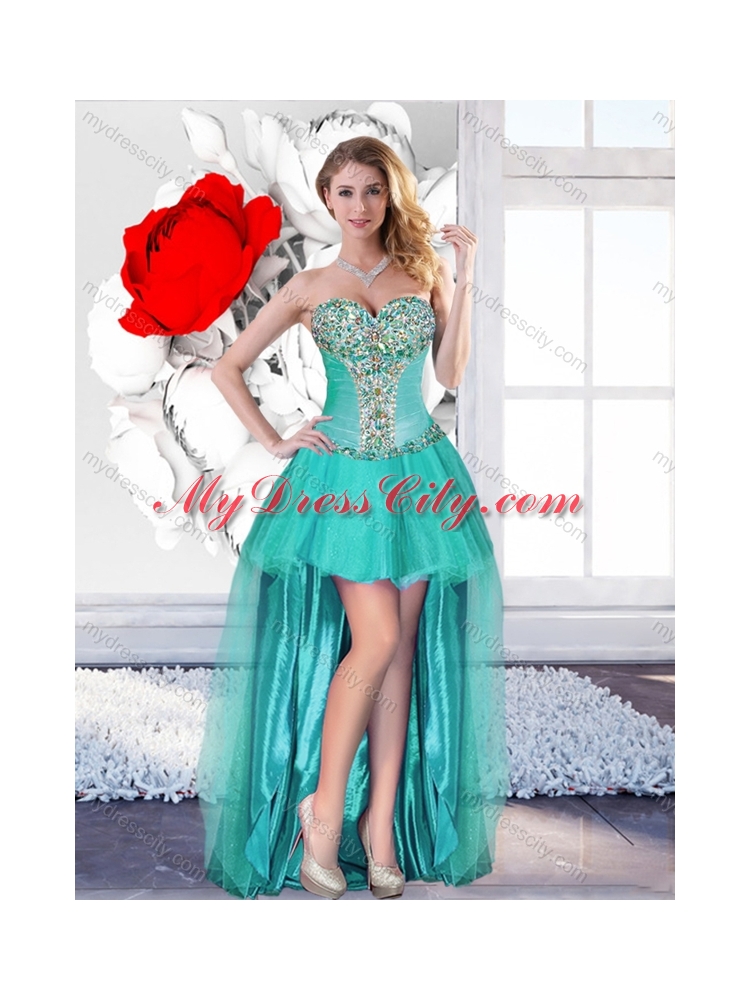 Exclusive Beaded Turquoise Prom Gowns with High Low