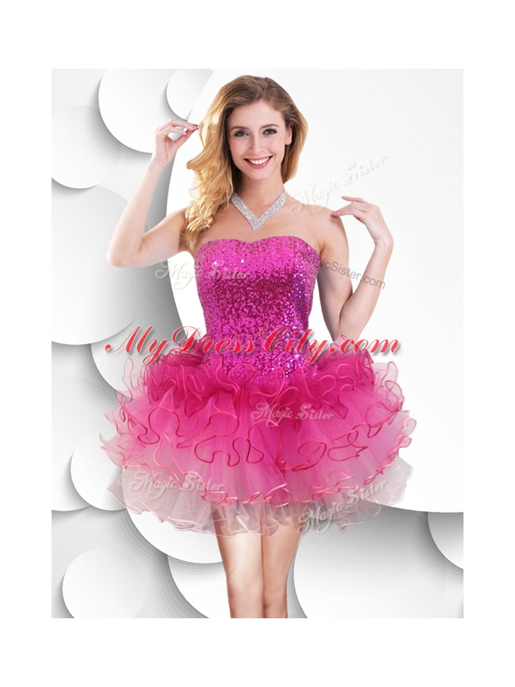 Hot Sale Short Strapless Prom Dress with Sequins and Ruffles