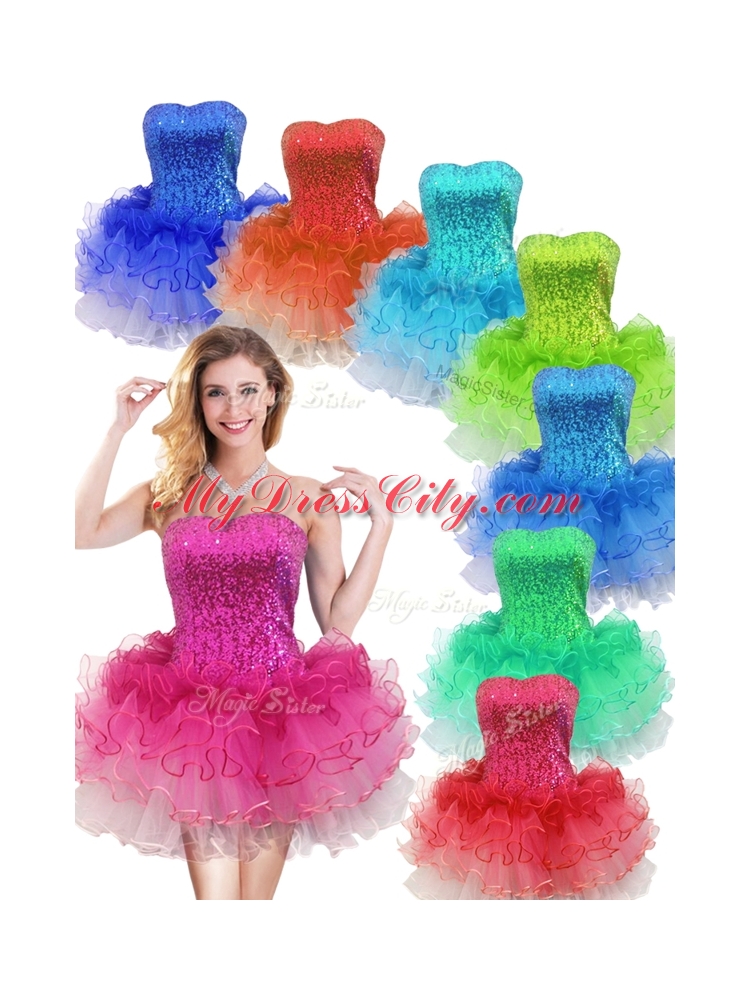 Colorful Strapless Short Bridesmaid Dress with Sequins and Ruffles