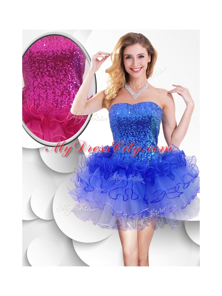 Colorful Strapless Short Bridesmaid Dress with Sequins and Ruffles