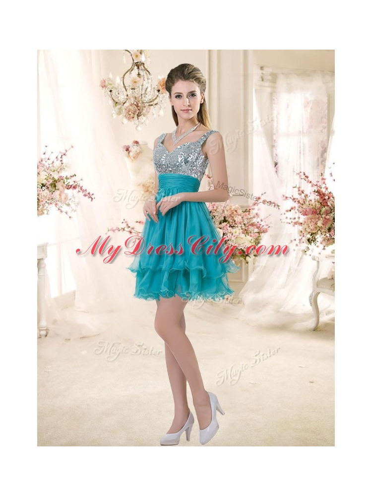 Top Selling Straps Short Sequins Bridesmaid Dresses in Teal