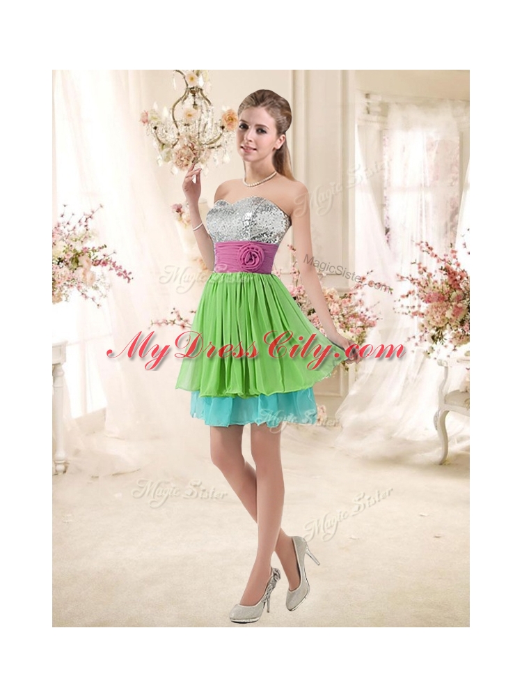 Cheap Sweetheart Short Dama Dresses with Sequins and Belt