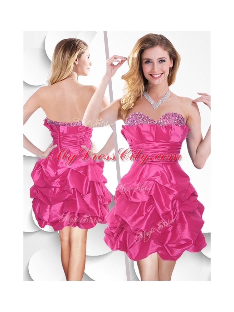 Fashionable Hot Pink Taffeta Dama Dress with Beading and Bubles