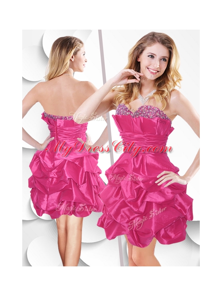 Fashionable Hot Pink Taffeta Dama Dress with Beading and Bubles