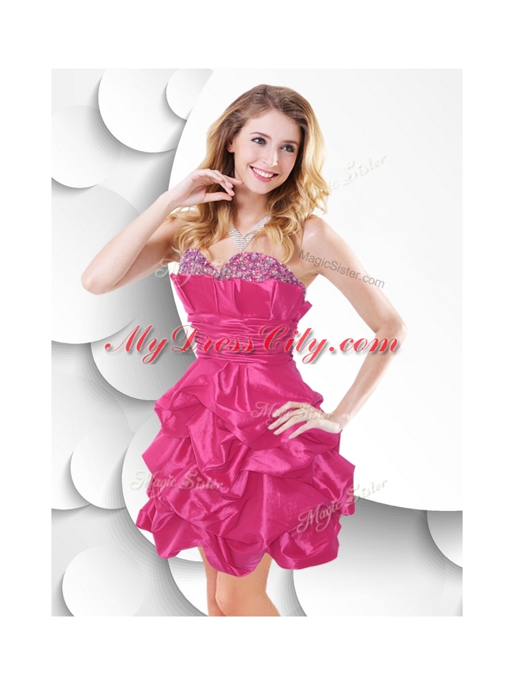 Fashionable Hot Pink Taffeta Dama Dress with Beading and Bubles