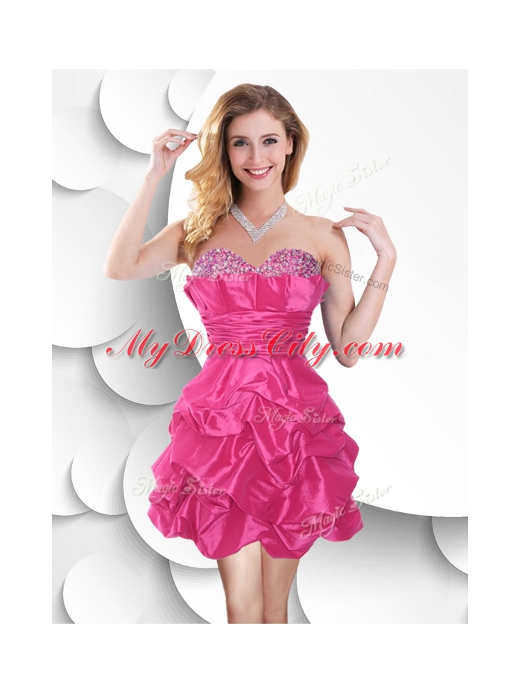 Fashionable Hot Pink Taffeta Dama Dress with Beading and Bubles