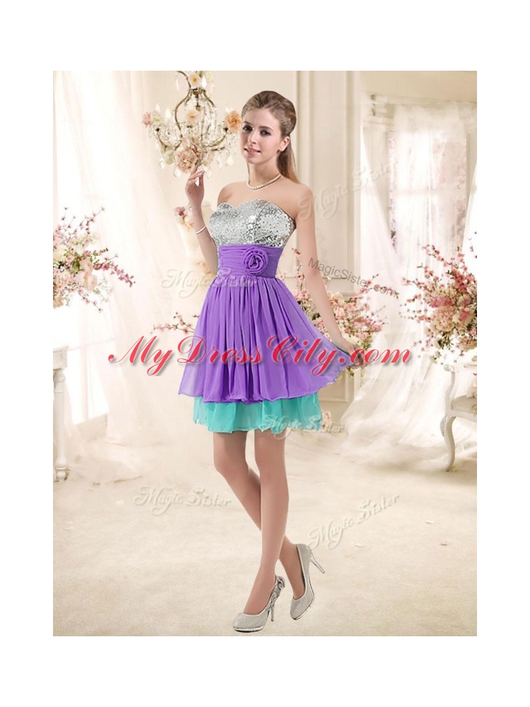 Low Price Sweetheart Short Dama Dresses with Sequins and Belt