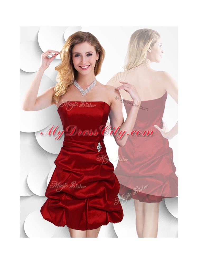 Latest Strapless Taffeta Wine Red Dama Dress with Bubles