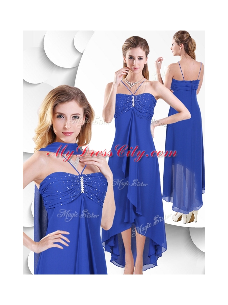 Simple Spaghetti Straps High Low Blue Dama Dress with Beading