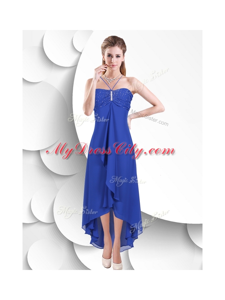 Simple Spaghetti Straps High Low Blue Dama Dress with Beading