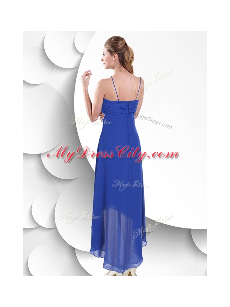 Simple Spaghetti Straps High Low Blue Dama Dress with Beading