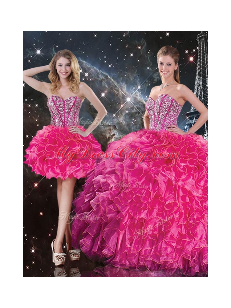 Fashionable Sweetheart Hot Pink Detachable Quinceanera Dresses with Beading