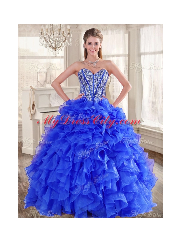 Big Puffy Beaded Blue Quinceanera Dress and Sequined Short  Dama Dresses Ruffled Mini Quinceanera Dress